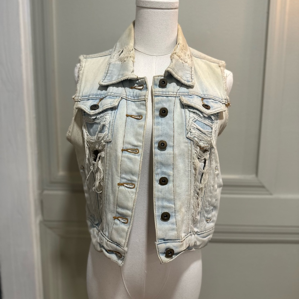 Millau Faded Blue Denim Vest with Distressed Accents